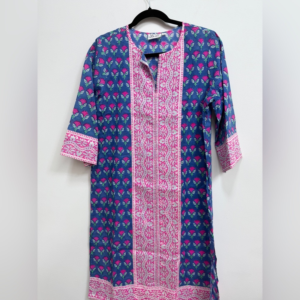 SZ Blockprints Blue and Pink Patterned Dress, size small, NWOT.